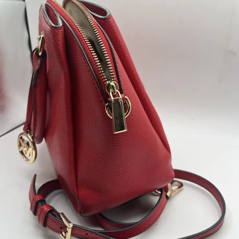 Michael Kors Bright Red Dome Satchel Adele Scarlet Crossbody Bag Pebbled Leather